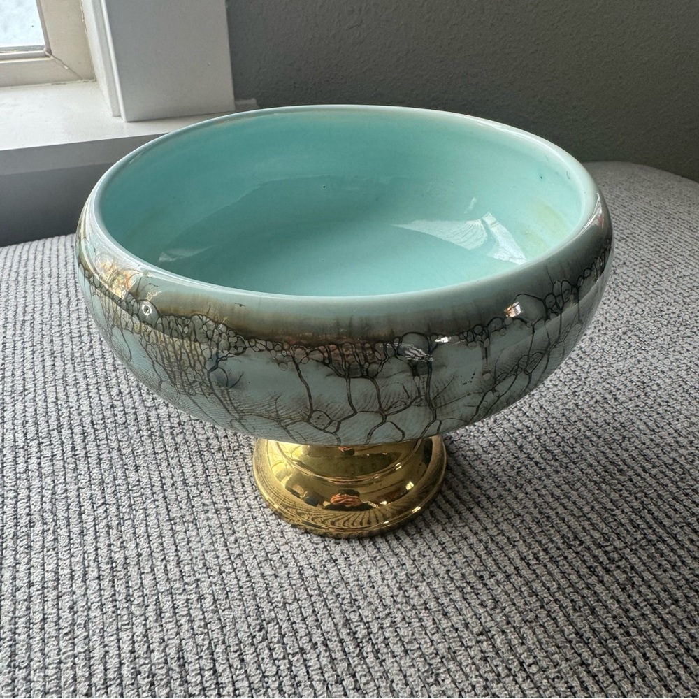 Vintage Delft Holland Brass Marbled Teal Hand-Painted Pedestal Bowl - Mid-Cent